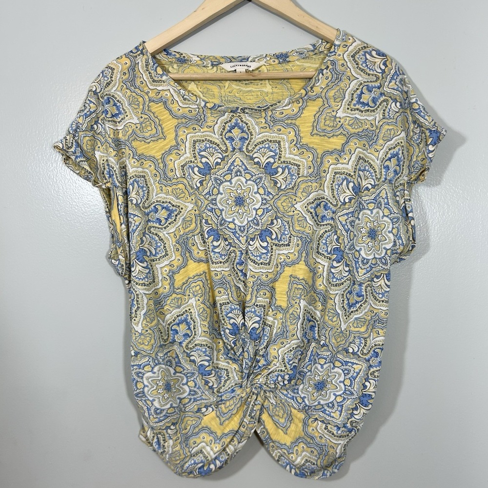 Lucky Brand Floral Top Women's Large Yellow Paisley Boho Twist Front